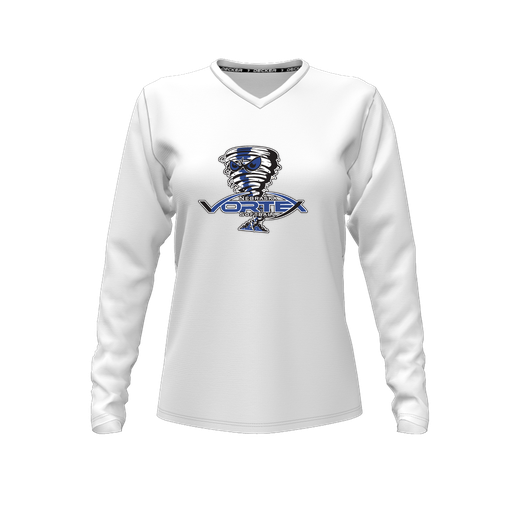 [CUS-DFW-TEES-CMF-VNK-LSL-WHT-FYXS-LOGO3] Decker Comfort T-Shirt (Female Youth XS, White, V Neck, Logo 3, Long Sleeve)
