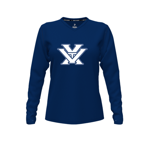 [CUS-DFW-TEES-CMF-VNK-LSL-NVY-FYXS-LOGO1] Decker Comfort T-Shirt (Female Youth XS, Navy, V Neck, Logo 1, Long Sleeve)