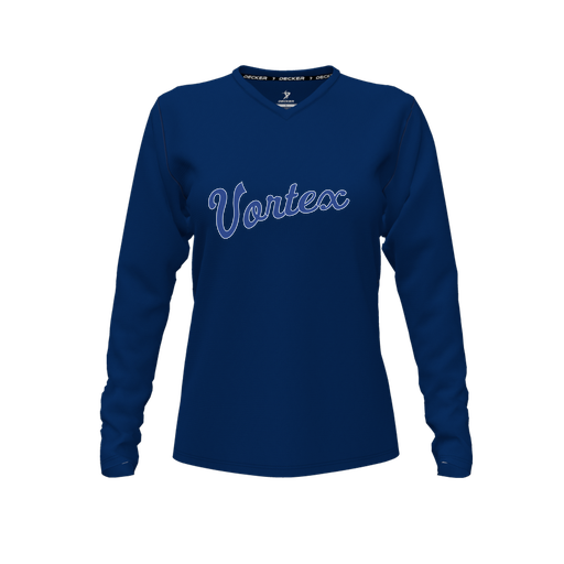 [CUS-DFW-TEES-CMF-VNK-LSL-NVY-FYXS-LOGO2] Decker Comfort T-Shirt (Female Youth XS, Navy, V Neck, Logo 2, Long Sleeve)