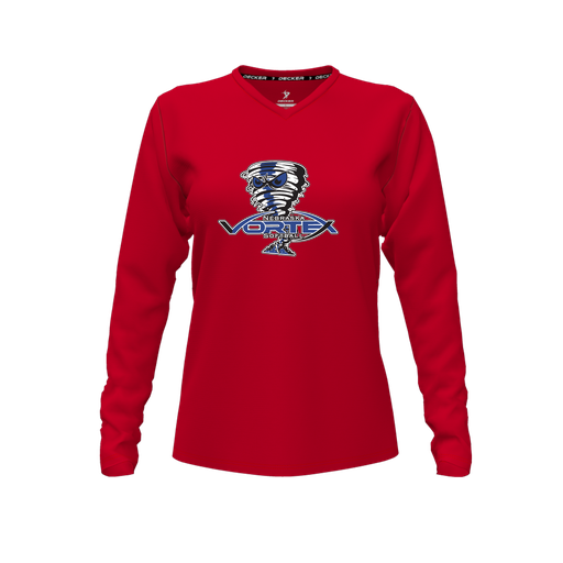 [CUS-DFW-TEES-CMF-VNK-LSL-RED-FYXS-LOGO3] Decker Comfort T-Shirt (Female Youth XS, Red, V Neck, Logo 3, Long Sleeve)