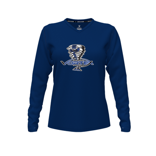 [FTLVPTNV-FYXS-LOGO3] Decker Performance T-Shirt (Female Youth XS, Navy, V Neck, Logo 3, Long Sleeve)