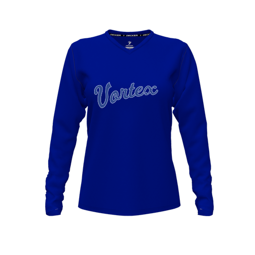 [FTLVPTRY-FYXS-LOGO2] Decker Performance T-Shirt (Female Youth XS, Royal, V Neck, Logo 2, Long Sleeve)