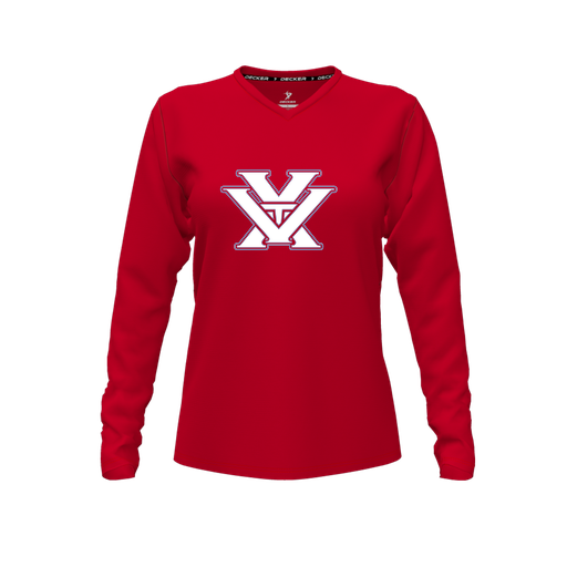 [CUS-DFW-TEES-PER-VNK-LSL-RED-FYXS-LOGO1] Decker Performance T-Shirt (Female Youth XS, Red, V Neck, Logo 1, Long Sleeve)