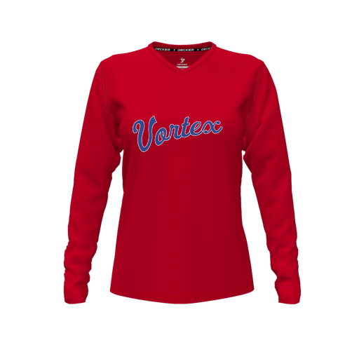 [CUS-DFW-TEES-PER-VNK-LSL-RED-FYXS-LOGO2] Decker Performance T-Shirt (Female Youth XS, Red, V Neck, Logo 2, Long Sleeve)