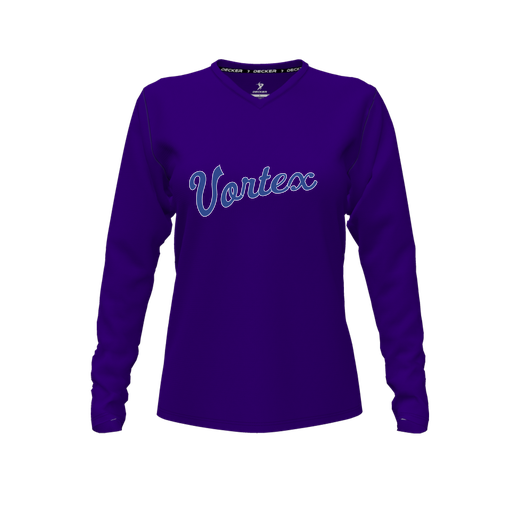 [CUS-DFW-TEES-PER-VNK-LSL-PUR-FYXS-LOGO2] Decker Performance T-Shirt (Female Youth XS, Purple, V Neck, Logo 2, Long Sleeve)
